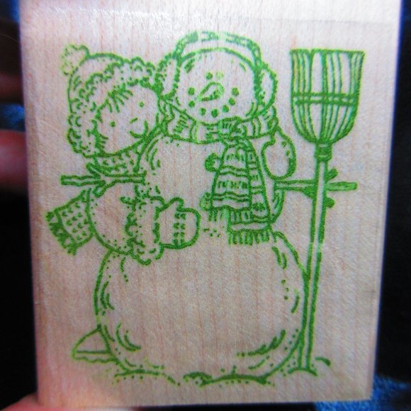 Snowman With Kid Rubber Wood Mounted Stamp 2.25" X 2" - Picture 1 of 3